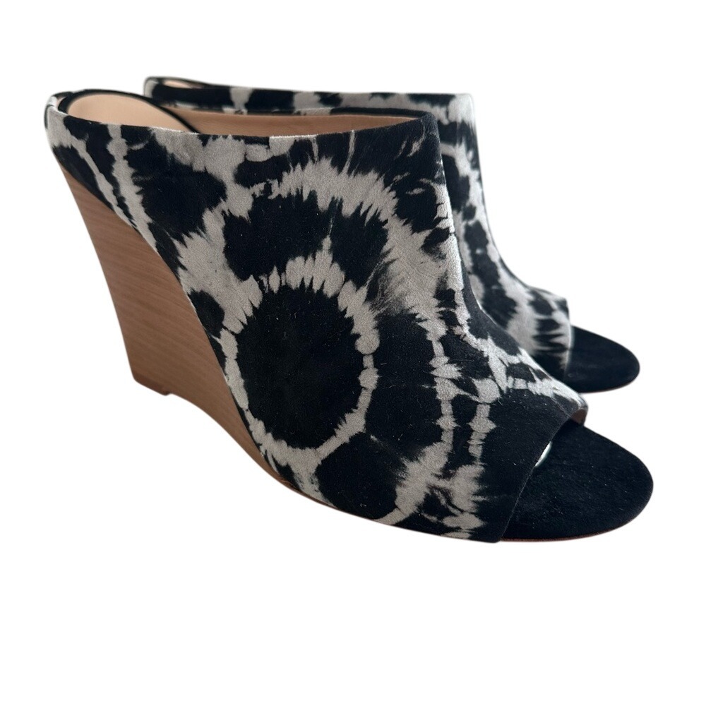 Eight Fifteen Black White Tie Dye Wedge Mules Peep Toe Sandals Size 9